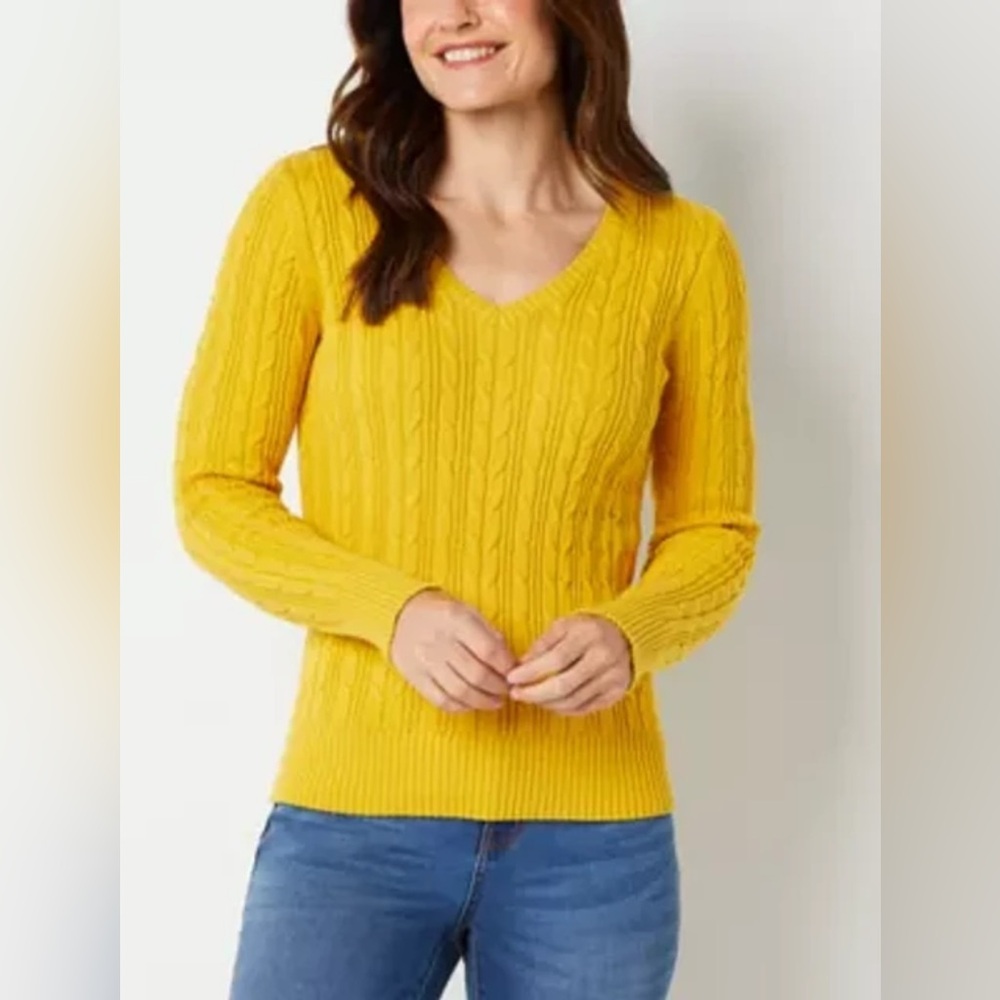 Yellow Cable Knit V-Neck Sweater